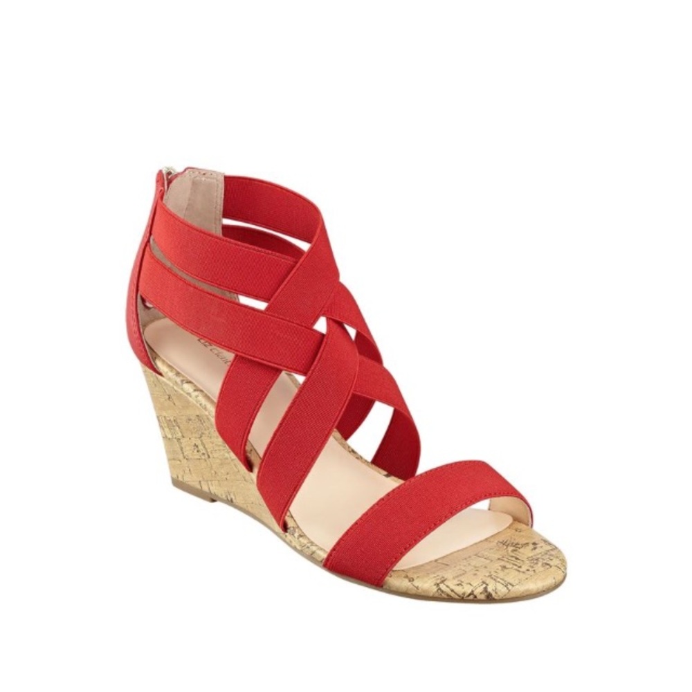 RED CRISSCROSS STRAPPY CORK WEDGE SANDALS
